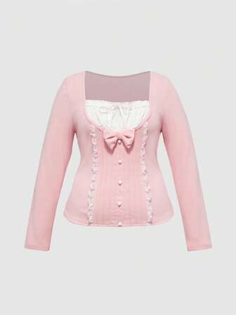 Kawaii Camiseta de manga larga con lazo decorativo 2 en 1 para mujer de talla grande