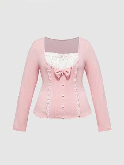 Kawaii Plus Size Cute Bow Decor 2 In 1 Long Sleeve T-Shirt For Women