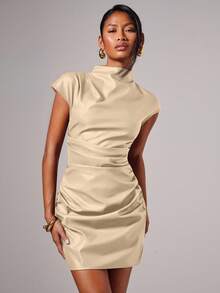 COSMINA Women's Elegant PU Leather Pleated Mini Dress, Summer - Apricot - View 3
