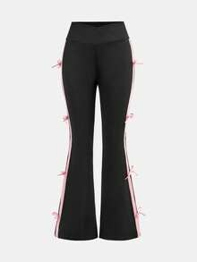 SHEIN Nova Glow Tween 女童侧条纹喇叭休闲裤，撞色丝带和蝴蝶结装饰，适合返校和日常穿着 - 黑色 - 查看 2