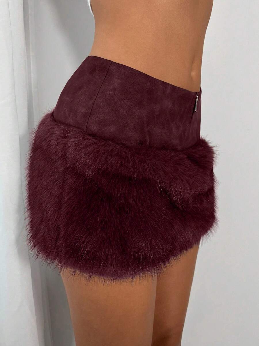 TRNVIE 1件棕色冬季假日仿毛皮拼接扎染PU拉链修身低腰复古性感女式迷你裙 - 酒紅色 - 查看 1
