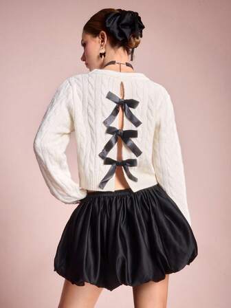 ROMWE Avant Locker sitzender, lässiger, einzigartiger, Cut Out Schleifenstrick-Pullover für Frauen für Herbst/Winter