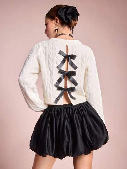 ROMWE Avant Autumn/Winter Loose Casual Unique Hollow-Out Bow Knitted Sweater For Women