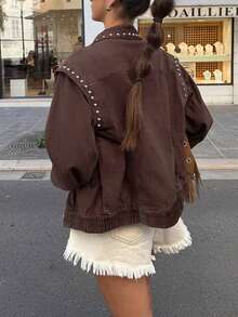 INAWLY Áo khoác nữ dáng rộng màu trơn mới, thời trang thu đông - Cà phê nâu - Xem 2