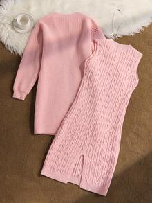 SHEIN 2pcs Girls Elegant Textured Knit Sweater Set, Pink Knit Long Sleeve Cardigan + Knit Round Neck Jumper Dress, Autumn/Winter - Pink - View 2