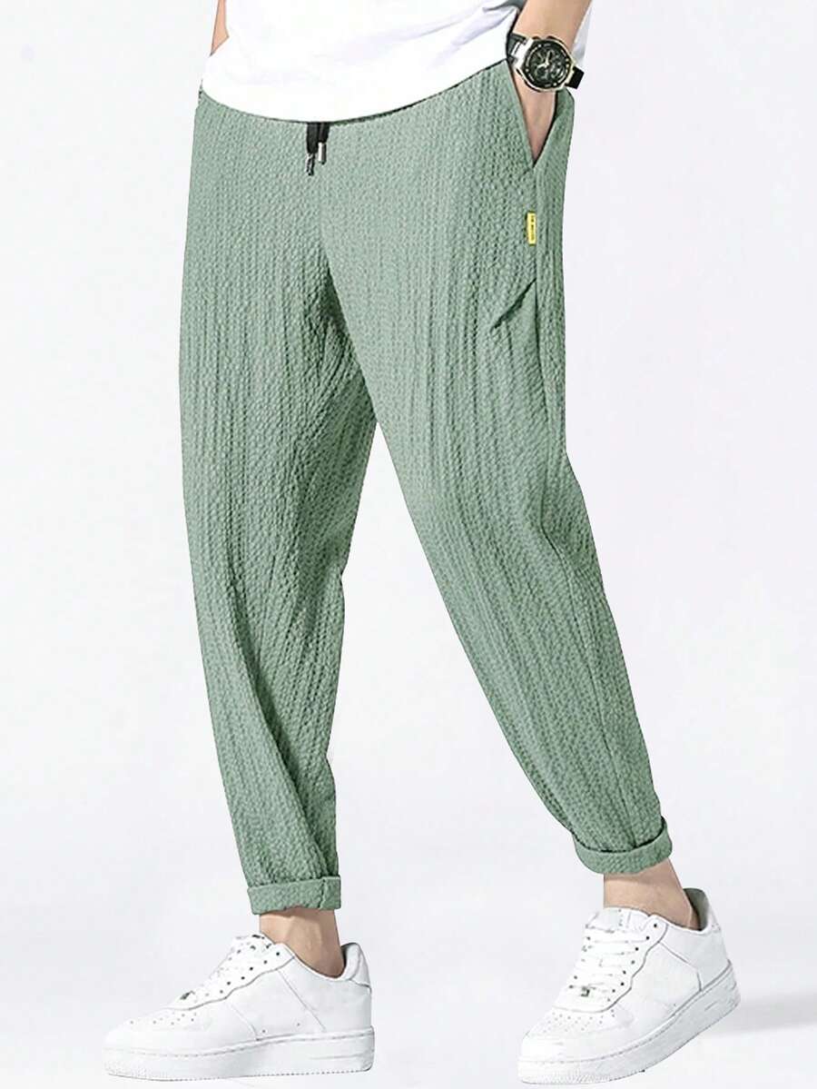 Manfinity Homme 宽松男士字母拼接纹理锥形裤男士休闲裤男士抽绳裤，秋季 - 綠色 - 查看 1