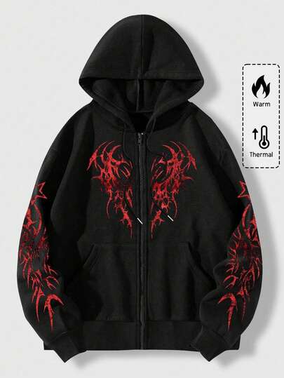 Grunge Punk Sudadera con capucha con cremallera y forro térmico con estampado gráfico para hombres, para la escuela, para otoño e invierno