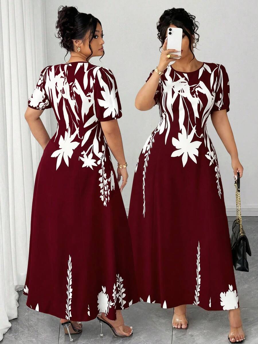 Elenzga Plus Size Women Elegant A-Line Waist Cinched Midi Dress, Flattering For Everyday & Commute - Burgundy - View 1