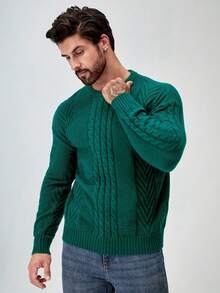 Manfinity Homme Men's Casual Cable Pattern Crew Neck Long Sleeve Sweater, Autumn/Winter - Mint Green - View 4