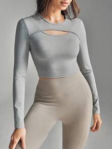 SHEIN Sports Women's Solid Color Minimalist Long Sleeve Casual Sports T-Shirt Gym Shirt Women Seamless Work Out Top Hollow Out Crop Sports Shirt Long Sleeve Workout Top Gym Top Women Long Sleeve Crop Top Gym Crop Top Hollow Out Long Sleeve Top Women Long Sleeve Gym Top - Grey - View 1