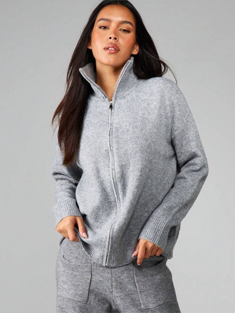 MISSGUIDED Cárdigan con cremallera de punto acogedor con detalles acanalados para la comodidad casual del invierno