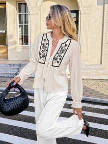 Serisse Blusa con cuello con muesca y bordado floral, estilo francés casual para oficina, elegante y minimalista, ideal para uso diario, citas, bodas, estilo "old money", fiestas nacionales y Acción de Gracias - Multicolor - Ver 3
