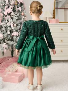 Glamorique Kids Quần áo Giáng sinh cho bé gái Tay dài màu xanh ngọc lục bảo, eo đính sequin, váy công chúa bồng bềnh bằng vải tuyn satin, dự tiệc/ngày lễ - Màu xanh lá cây đậm - Xem 2