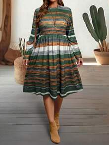 EMERY ROSE 大码女式秋季长袖条纹连衣裙 - 彩色 - 查看 6