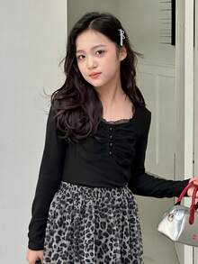 DAZY Tween Girls Crew Neck Lace Knit Long Sleeve T-Shirt, Fall - Black - View 2