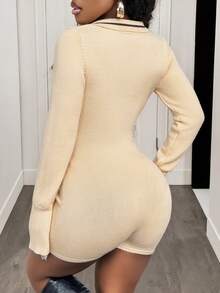 SHEIN BamGlam Women's Solid Color Khaki Sexy Bodysuit, Fitted Long Sleeve Deep V-Neck Polo Collar Party Wear - Apricot - View 2