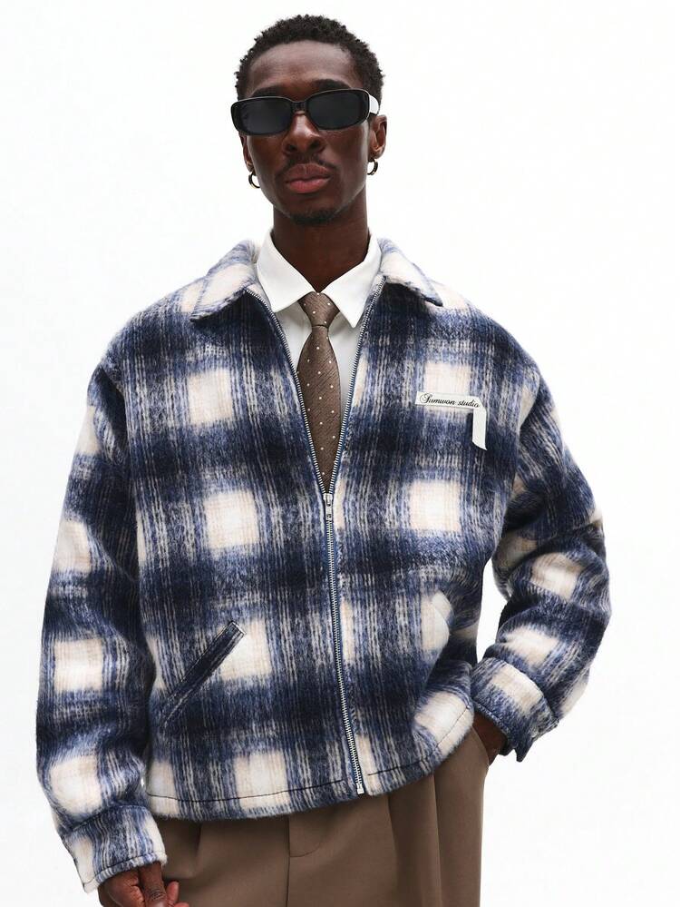 Chaqueta bomber de franela a cuadros con cremallera y cuello