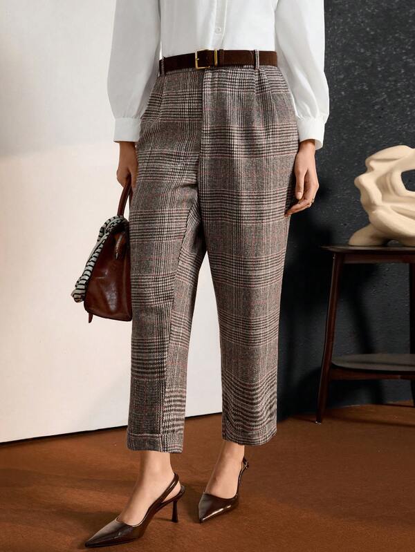 SHEIN LUNE Plus High Fall And Winter Pants Plaid Pattern Waist Plicated Detail Pants Holiday Outfit Party Festival Outfits