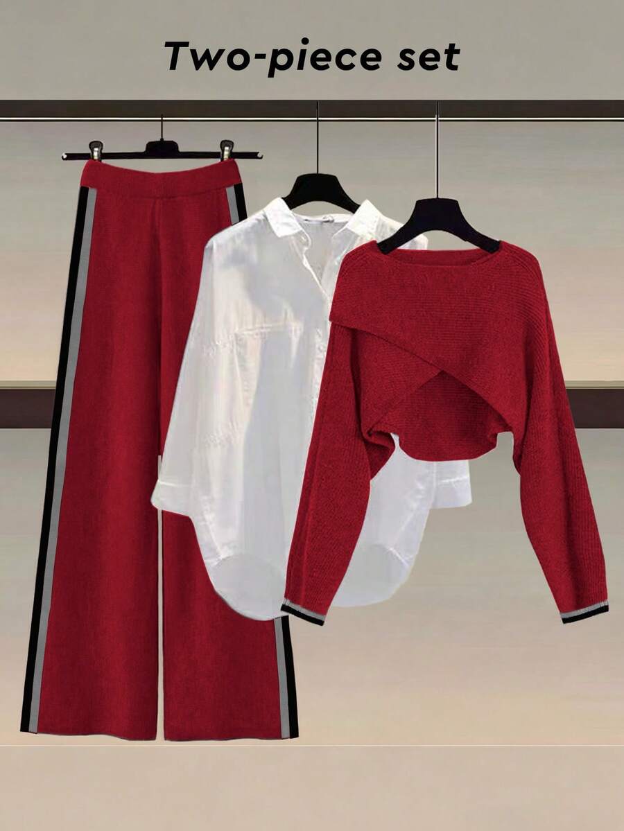 Lyxana Women's Dark Red Autumn Casual Lounge Knit Two Pieces Set,Unique Niche Cross Long Sleeve Knit Sweater Top&Striped Wide-Leg Pants,Loose Design Sense - Multicolor - View 1