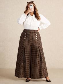 SHEIN CURVE+ Quần ống rộng cạp cao họa tiết kẻ caro cổ điển thanh lịch dành cho nữ cỡ lớn, đi làm ở thành thị - Nhiều màu - Xem 4