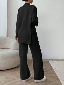 EURMUSE Conjunto de suéter y pantalones de mujer con cuello alto simulado, botones y hombros caídos, en color liso - Negro - Ver 2