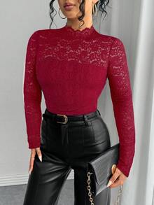 Rafferiza Women's Elegant French Style Sheer Lace Collar Long Sleeve Fitted T-Shirt, Autumn, Christmas - Red - View 4