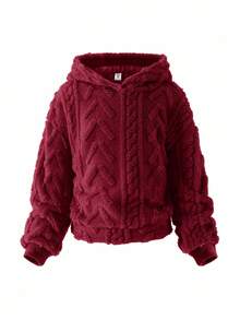 SHEIN Girlism 2pcs/Set Tween Girls Warm Textured Fleece Loose Fit Casual Hoodie And Sweatpants Set, Autumn - Burgundy - View 3