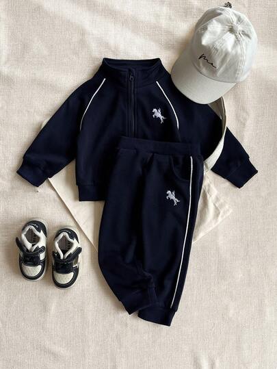 SHEIN Playful Pals 2pcs/Set Baby Boys Casual Embroidered Zip-Up Jacket And Pants Outfit, Fashion Street Outdoor Sports Suit, Autumn/Winter