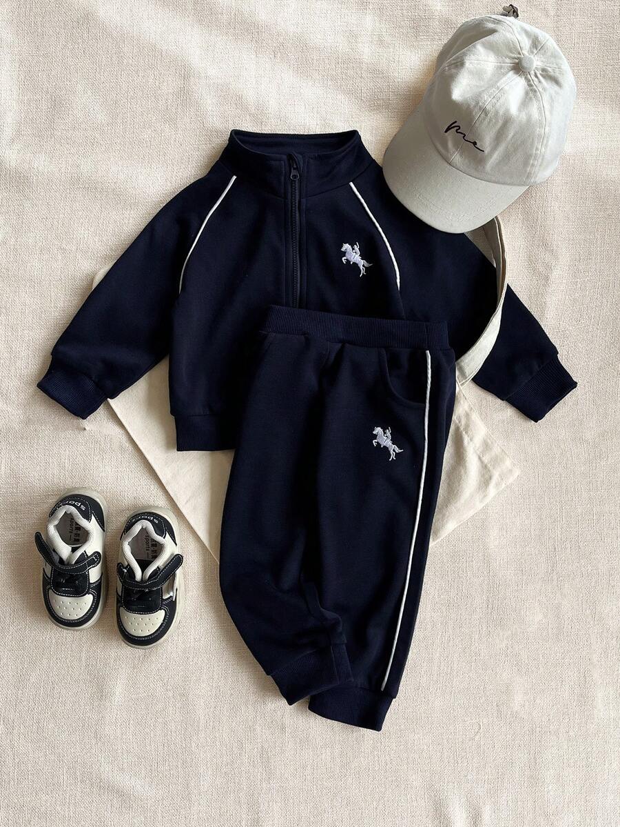 SHEIN Playful Pals 男婴休闲刺绣拉链外套和裤子套装（2件套），时尚街头户外运动套装，秋冬季