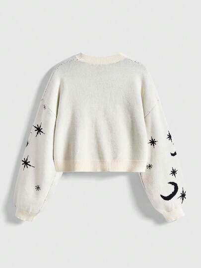 Fairycore Pull basique col rond en tricot jacquard avec chat noir vintage, étoiles et lune pour femmes