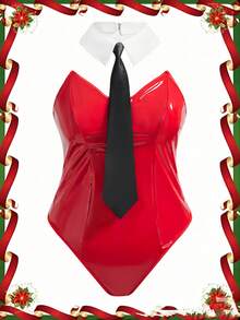 Fantasy Costume 3 件套拼色 Ladyboss 办公室女士制服闪亮 PU 深 V 性感连体裤，无肩带领带，成人独特圣诞礼物，适合酒吧、派对，加大码内衣 - 紅色 - 查看 6