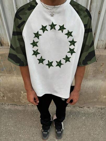 Manfinity Dauomo 舒适男士迷彩圆领 T 恤，迷彩五角星印花撞色 T 恤，圆领，撞色，短袖，演唱会穿 T 恤，复古衬衫，图案 T 恤，趣味衬衫，朋友礼物，