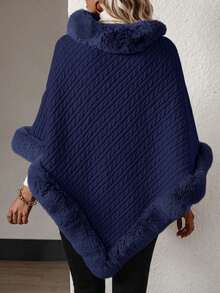 EMERY ROSE Women's Loose Solid Color Poncho Faux Fur Fashion Sweater, Autumn/Winter - Blue - View 2