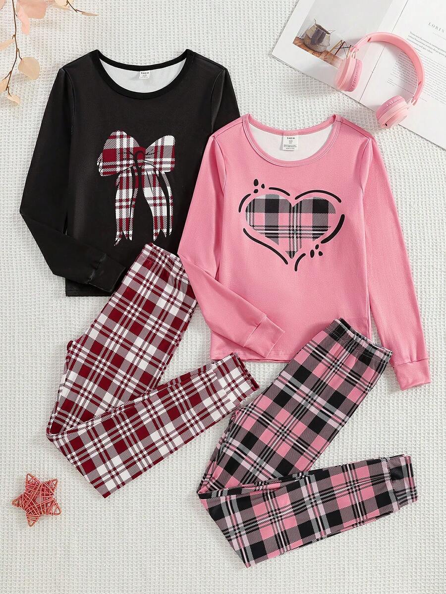 4pcs Girls' Pink Plaid Long Sleeve Top And Plaid Pants Comfortable Snug Fit 2 Pieces Loungewear Set - Multicolor - View 1