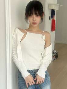 DAZY 2 Stücke Damen Rose Blumen Trägerhemd & Strickjacke Set, Herbst/Winter - Beige - Übersicht 3