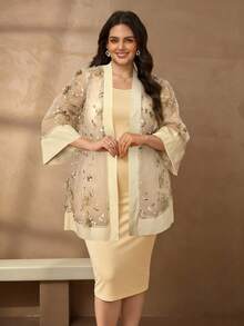 Chikora Bộ đồ 2 món cỡ lớn cho nữ, áo cardigan thêu màu trắng thanh lịch và chân váy maxi 2 mảnh, phù hợp mặc thường ngày, đi làm và đi chơi - Màu be - Xem 5