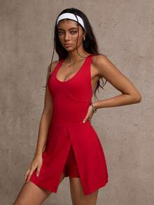 Dewbera Sovereign Charm The 2 In 1 Anti-Exposure Casual Elegant Golf Tennis Dress, Sleeveless Everyday Basic New Stylish Waist-Tie Advanced Slimming Sexy Figure-Flattering College-Style Beautiful Back Tight-Fitting Sports Fitness Tie-Waist Yoga Dress - Red - View 5