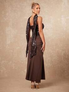 Lumalex 秋冬季亮片装饰无肩带束腰拼接围巾披肩连衣裙,棕色正式礼服,巧克力棕色连衣裙,束身连衣裙,优雅棕色连衣裙,高贵优雅的棕色婚礼宾客礼服,奢华舞会聚会派对宴会,低调奢华的复古闪亮假日派对狂欢节郊游度假热门户外丰富层次婚礼季宴会ID Al-Adha Al-Adha派对新年派对造型秋季派对礼服,女士优雅连衣裙 - 咖啡棕 - 查看 3