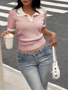 FavEase 休闲撞色扭绳 Polo 领针织上衣 - 彩色 - 查看 6
