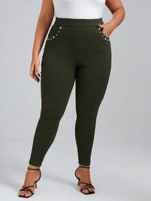 Chikora 大码高腰珍珠串珠修身休闲裤 - 軍綠色 - 查看 5