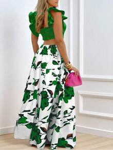 SHEIN Clasi Set de 2 prendas con volantes y estampado floral sexy para vacaciones para mujer - Multicolor - Ver 2