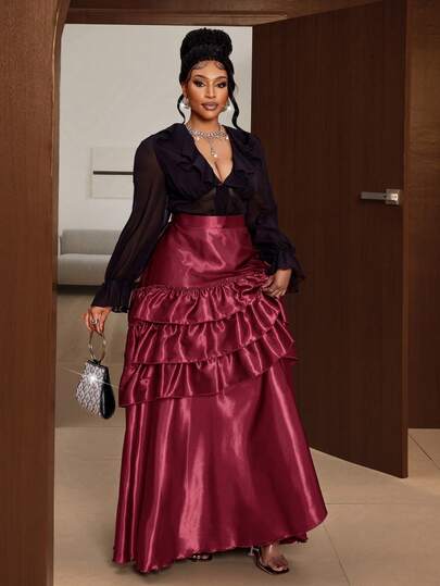 Maweii Plus Size Women's Red Christmas Party Ruffle Satin Skirt