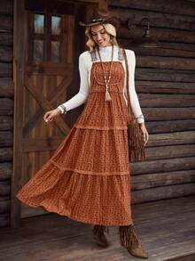 女式卡其色灯芯绒印花宽松可调节长款西部休闲吊带连衣裙，LanaWest - 棕色 - 查看 8