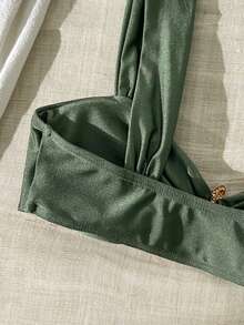 Swim Chiccia Women's Solid Color Thick Strap Metal Decor Bikini Top, Spring/Summer - Army Green - View 6