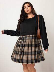Enliva Plus Size Women Plaid Patchwork Long Sleeve Sweatshirt Dress, Suitable For Autumn/Autumn /Winter, Compatible With Apple Rounded Body Shape/2026 /New Year/Valentine's Day - Black - View 7