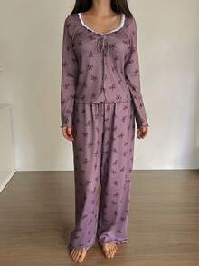 DAZY Lace Patchwork Bow Print Ruched Wave Hem Top & Pants Pajama Set, Sweet, Fall & Winter Clothes - Pink - View 5