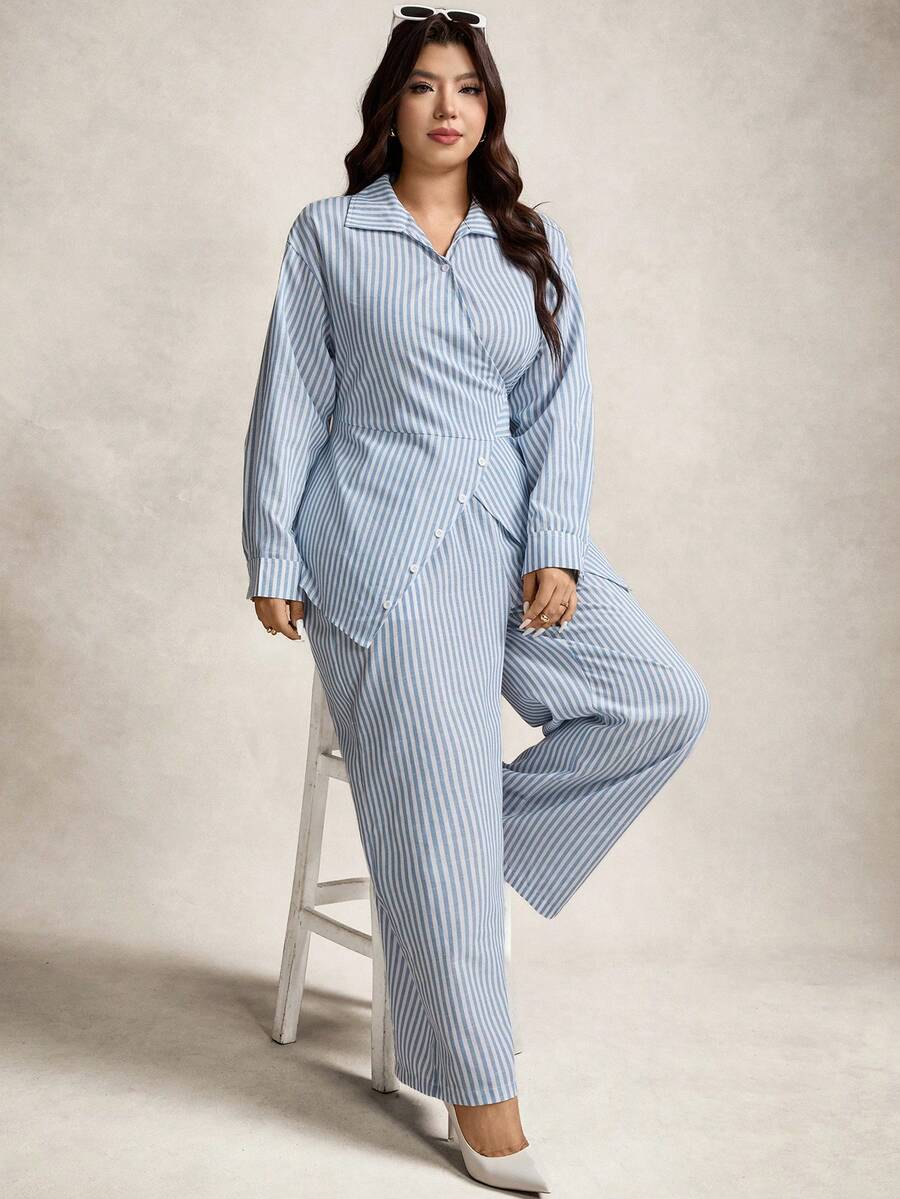 Zelara Conjunto de 2 piezas de top de manga larga y pantalones a rayas de estilo minimalista y talla grande, para uso casual diario - Azul y blanco - Ver 1