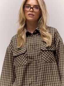 MUSERA Oversized Checkered Front Pocket Button Down Shirt Old Money Cute Country Cottage Core Clean Girl Winter Casual Spring Summer - Brown - View 4