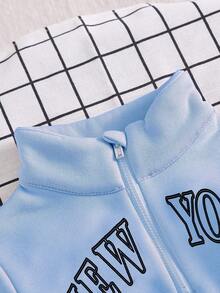 女童运动套装，秋冬新款，蓝色立领套头连帽衫，配套长袖连帽衫和裤子，罗纹袖口，MEW YORK REOOKLYN 字母印花，舒适休闲，母女装 - 藍色 - 查看 5