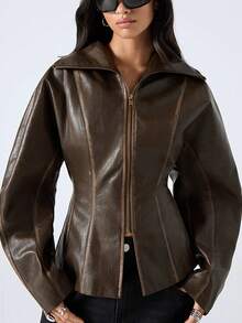 LYSMO 女式纯色长袖拉链腰部收紧 PU 皮革时尚常规夹克 - 棕色 - 查看 3